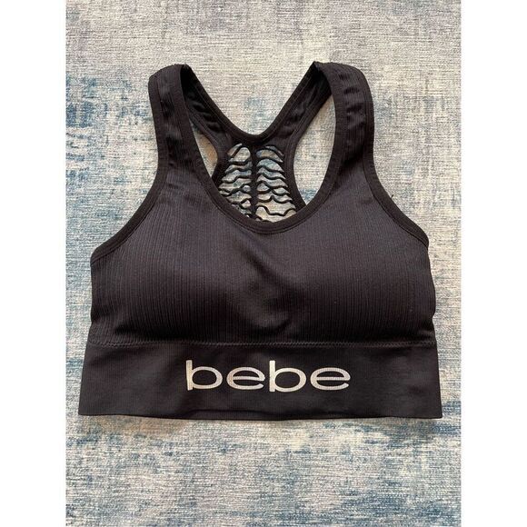 Bebe Black Ribbed Knit Athletic Sports Bra w Cut Outs Large - Picture 6 of 7